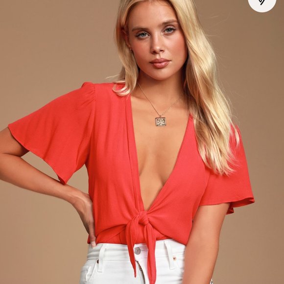Lulu's Cory Red Tie-Front Bodysuit - Picture 1 of 3